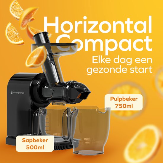 KitchenBrothers Slowjuicer - Kompakt - Entsafter - Gemüse- und Obstpresse - 45 mm - 500 ml - Schwarz
