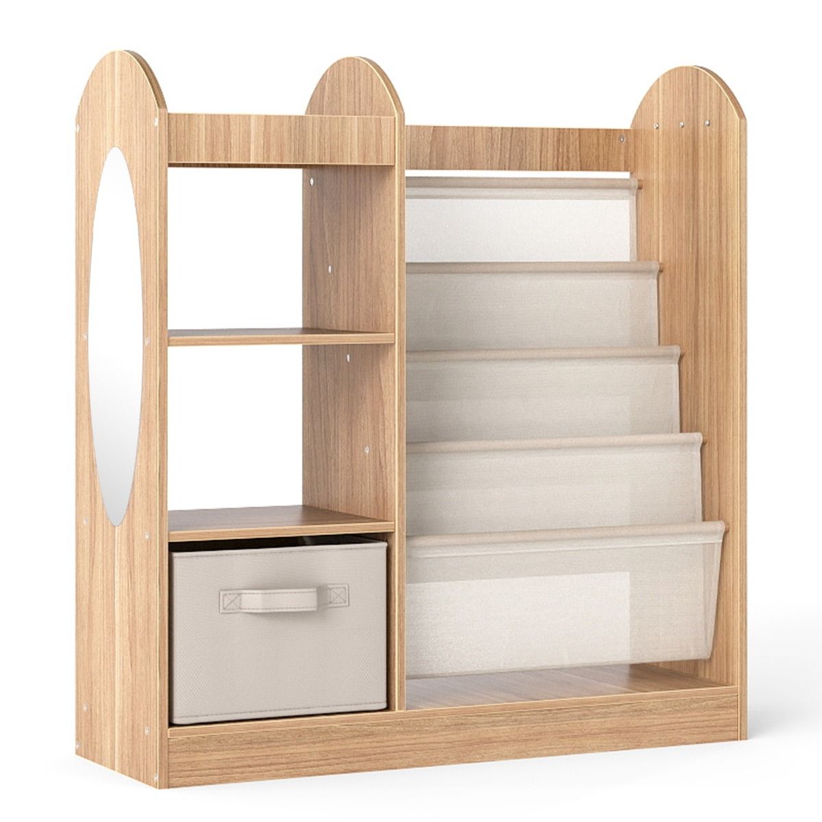 Coast Kinderbücherschrank mit Ganzkörperspiegel – 4-stöckiges Bücherregal, Stoffschublade und Haken – Naturfarben – 87,5 x 30 x 90 cm