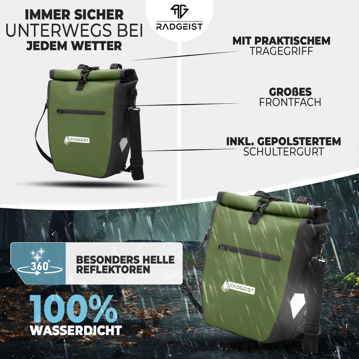 radgeist Fahrradtasche für Gepäckträger, wasserdicht – mit Reflektoren – 2-in-1-Seitentasche