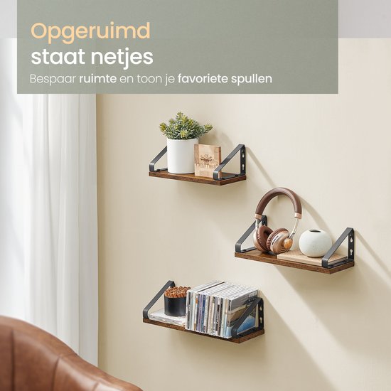 O'DADDY® Schweberegale - Wandregal - Vintage Design - Wandregal - Holzregale für die Wand - Bücherregal - Wandregale & Racks - 3 Stück - Braunes Holz - Schwarzes Metall