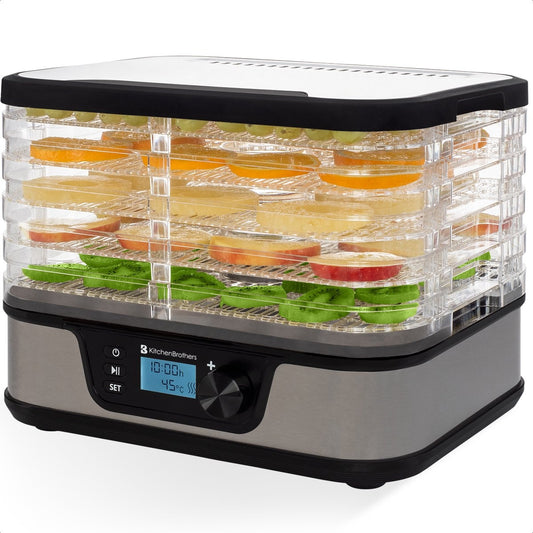 KitchenBrothers Dörrgerät - Elektrisch 380W - 5 Schichten - 9 Heizstufen - 35Â°C bis 75Â°C - LCD Display - Timer - Edelstahl/Schwarz