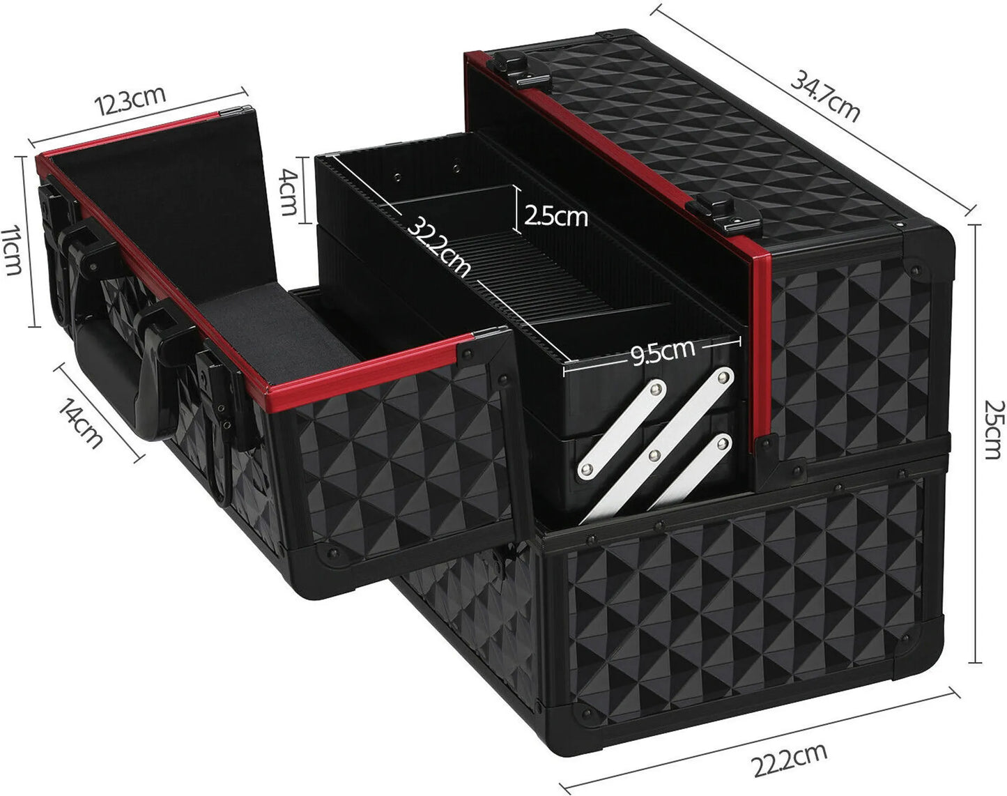 Yaheetech Schminkkoffer mit 3 Lagen - 34,7 x 22,2 x 25 cm - Ausgestattet mit verstellbaren Fächern und Samtfutter und Schloss mit Schlüssel - Für Friseure und Kosmetikerinnen - Schwarz und Rot Aluminium