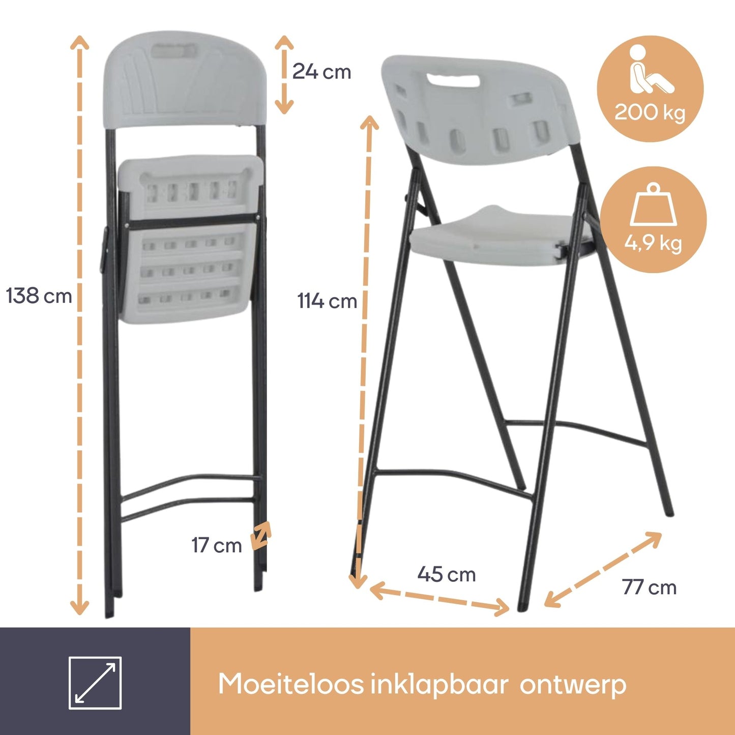 perel faltbarer Barhocker - weiß - 57 x 78 x 114 cm - mit Rückenlehne und Fußstütze - für den Innen- und Außenbereich - Belastbarkeit 200 kg