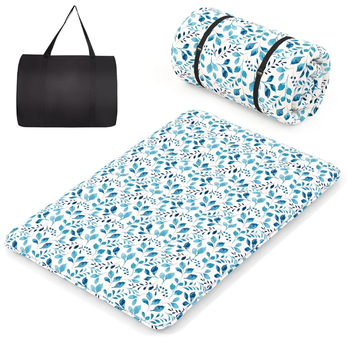 Coast Japanische Futon-Matratze Tatami-Matte – Mit maschinenwaschbarem Außenbezug, praktischer Tragetasche und stabilen Aufrollbändern – Für Übernachtungsgäste und Camping – Blaues Mikrofaser- und Polyestergewebe – 10 × 100 × 200 cm