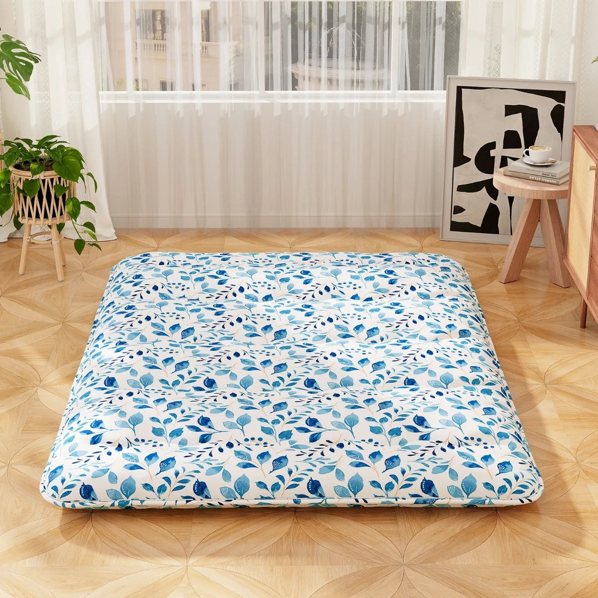 Coast Japanische Futon-Matratze Tatami-Matte – Mit maschinenwaschbarem Außenbezug, praktischer Tragetasche und stabilen Aufrollbändern – Für Übernachtungsgäste und Camping – Blaues Mikrofaser- und Polyestergewebe – 10 × 100 × 200 cm