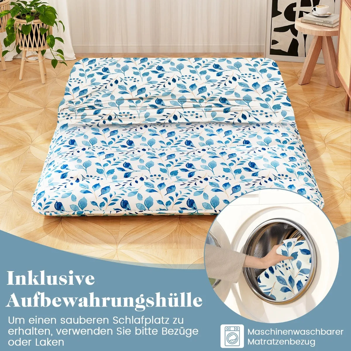 Coast Japanische Futon-Matratze Tatami-Matte – Mit maschinenwaschbarem Außenbezug, praktischer Tragetasche und stabilen Aufrollbändern – Für Übernachtungsgäste und Camping – Blaues Mikrofaser- und Polyestergewebe – 10 × 100 × 200 cm