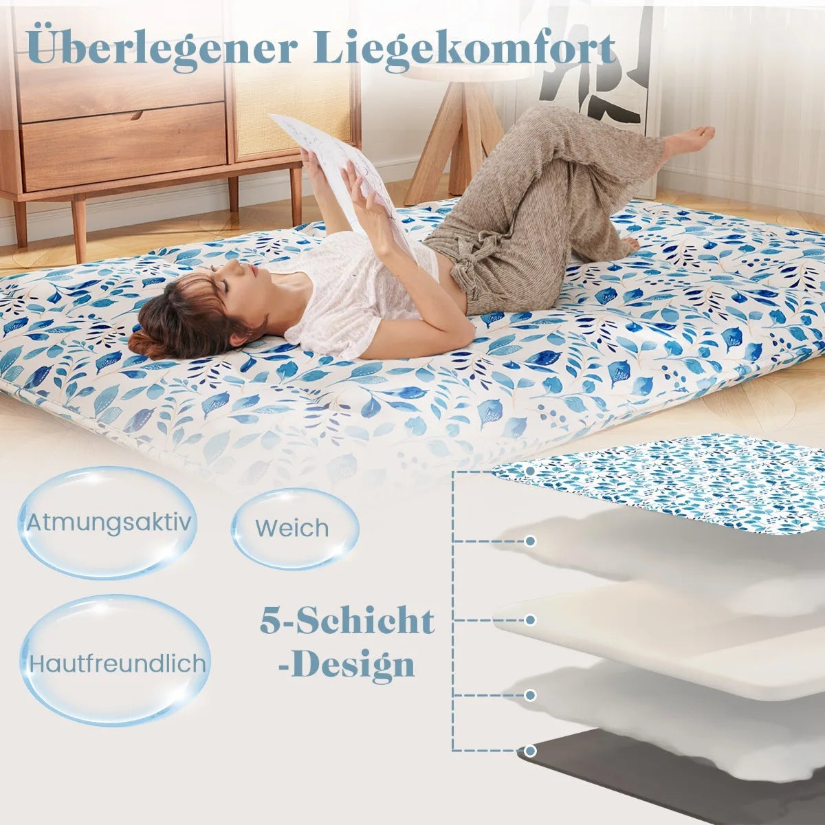 Coast Japanische Futon-Matratze Tatami-Matte – Mit maschinenwaschbarem Außenbezug, praktischer Tragetasche und stabilen Aufrollbändern – Für Übernachtungsgäste und Camping – Blaues Mikrofaser- und Polyestergewebe – 10 × 100 × 200 cm