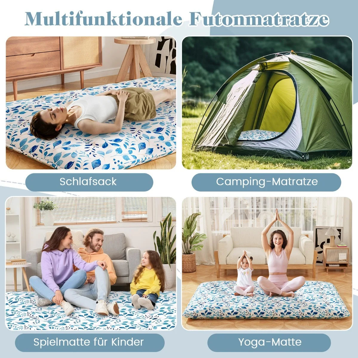 Coast Japanische Futon-Matratze Tatami-Matte – Mit maschinenwaschbarem Außenbezug, praktischer Tragetasche und stabilen Aufrollbändern – Für Übernachtungsgäste und Camping – Blaues Mikrofaser- und Polyestergewebe – 10 × 100 × 200 cm