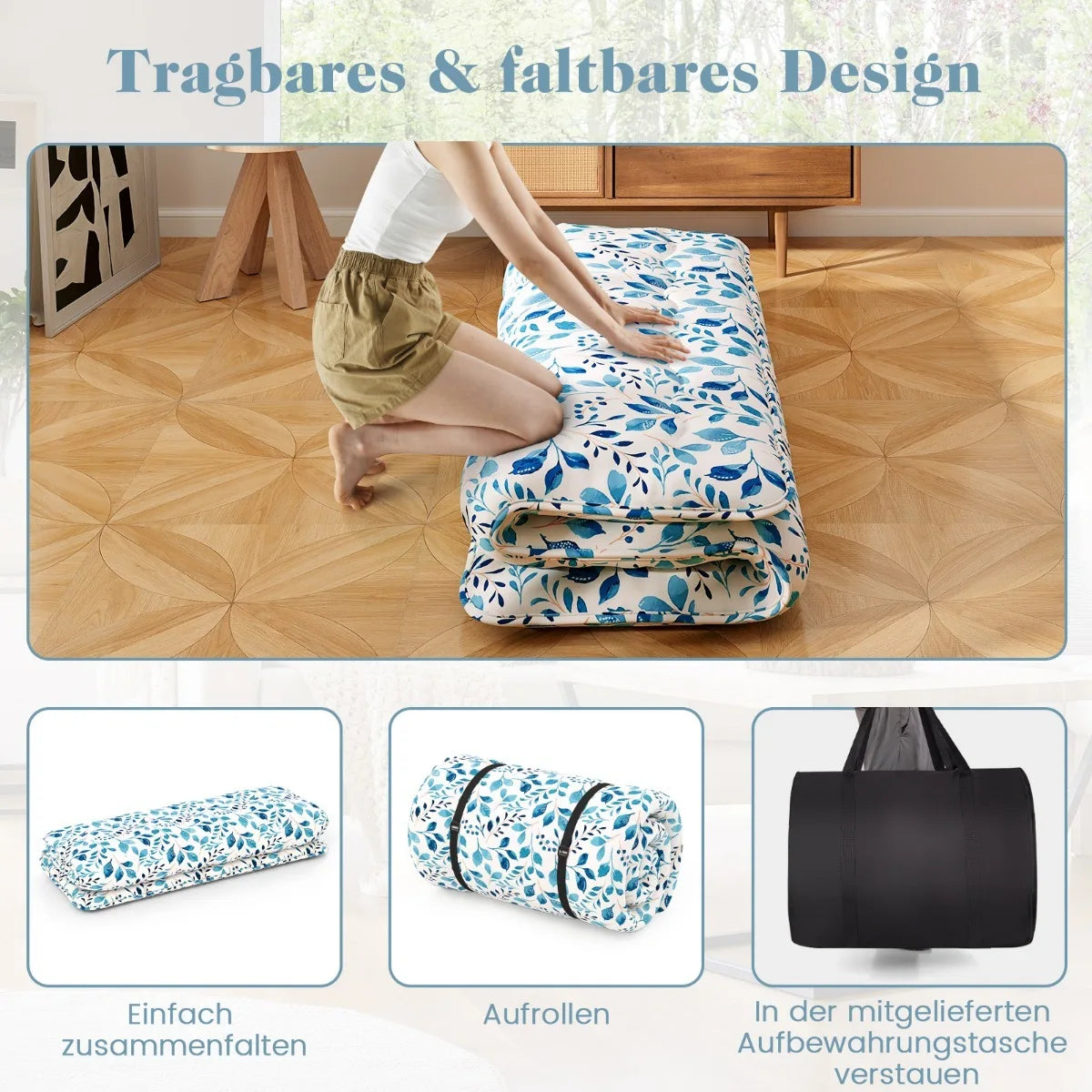 Coast Japanische Futon-Matratze Tatami-Matte – Mit maschinenwaschbarem Außenbezug, praktischer Tragetasche und stabilen Aufrollbändern – Für Übernachtungsgäste und Camping – Blaues Mikrofaser- und Polyestergewebe – 10 × 100 × 200 cm