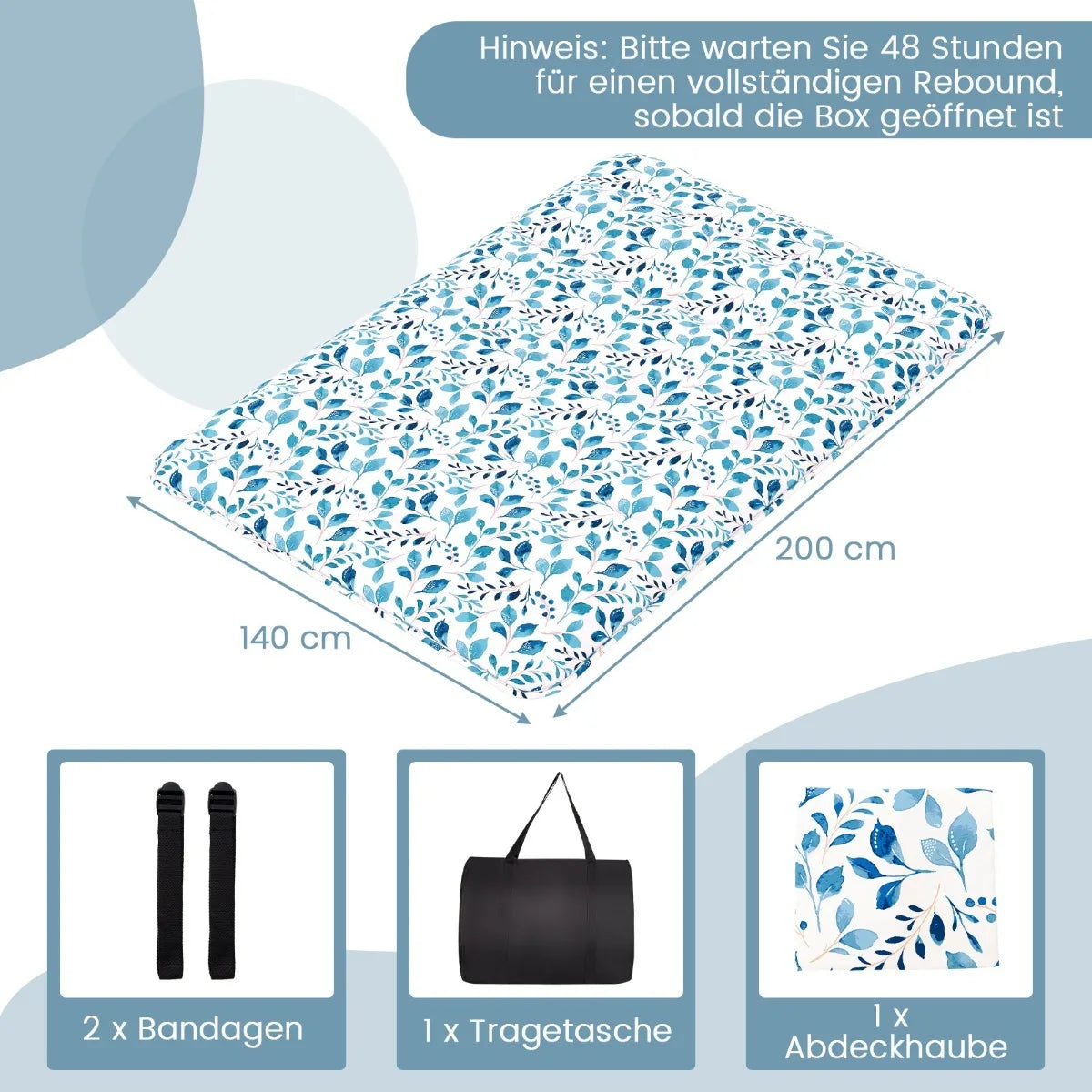 Coast Japanische Futon-Matratze Tatami-Matte – Mit maschinenwaschbarem Außenbezug, praktischer Tragetasche und stabilen Aufrollbändern – Für Übernachtungsgäste und Camping – Blaues Mikrofaser- und Polyestergewebe – 10 × 100 × 200 cm