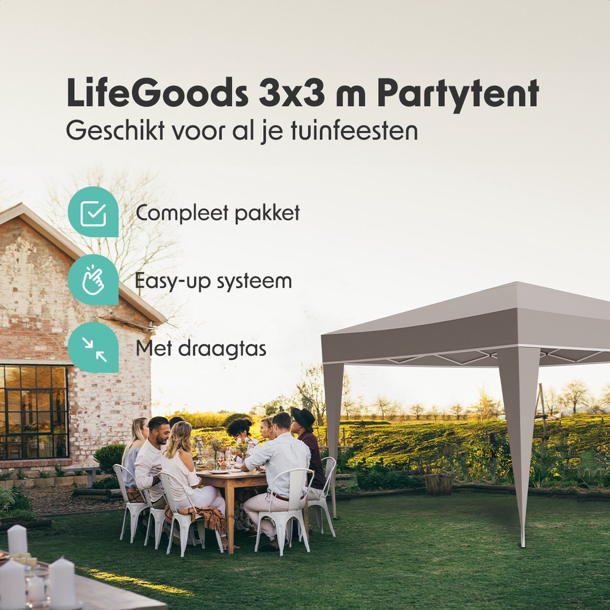 LifeGoods Partyzelt - Pavillon - EasyUp - Faltbar - Wasserdicht - Mit Tragetasche - 300 x 300 cm - Beige