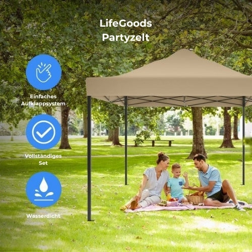 LifeGoods Pavillon Partyzelt - 3,0 x 4,5 m - Leicht aufbaubar, faltbar, wasserdicht - Tragetasche mit Rädern - Beige