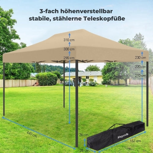 LifeGoods Pavillon Partyzelt - 3,0 x 4,5 m - Leicht aufbaubar, faltbar, wasserdicht - Tragetasche mit Rädern - Beige