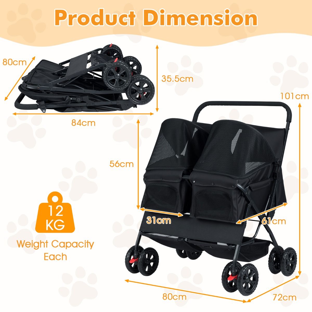 Coast Double Dog Buggy Black - 80 x 72 x 101 cm - faltbar mit 2 Sitzen