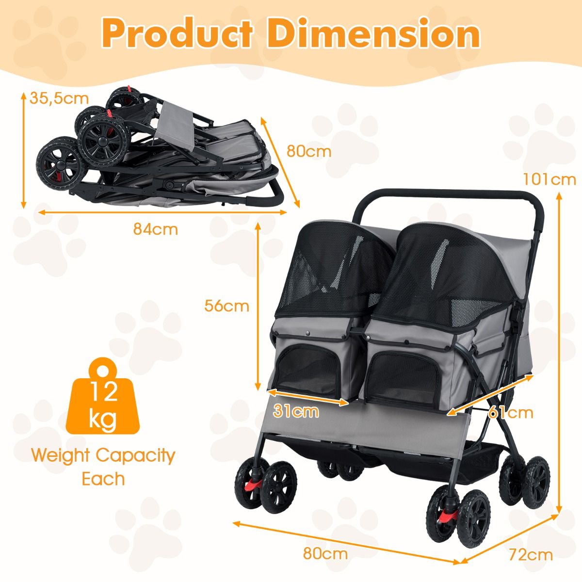 Coast Double Dog Buggy Grau - 80 x 72 x 101 cm - faltbar mit 2 Sitzen