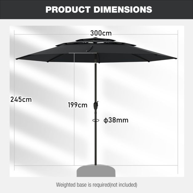 Coast Sonnenschirm 300 cm - 3-lagiger Tisch Sonnenschirm mit Kippmechanismus und Handkurbel - Schwarz