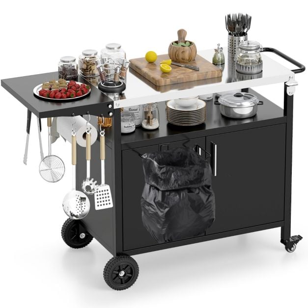 Coast Grillwagen mit Schrank - Edelstahlarbeitsplatte und klappbarer Beistelltisch 127 x 50 x 84 cm - Schwarz/Silber