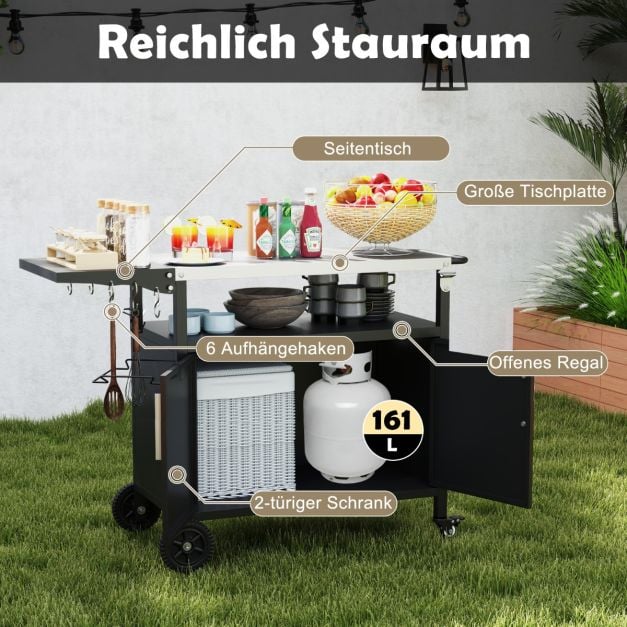 Coast Grillwagen mit Schrank - Edelstahlarbeitsplatte und klappbarer Beistelltisch 127 x 50 x 84 cm - Schwarz/Silber