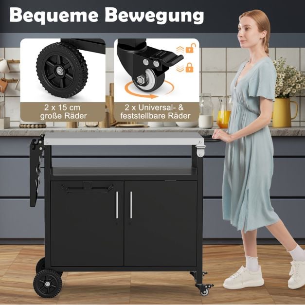 Coast Grillwagen mit Schrank - Edelstahlarbeitsplatte und klappbarer Beistelltisch 127 x 50 x 84 cm - Schwarz/Silber