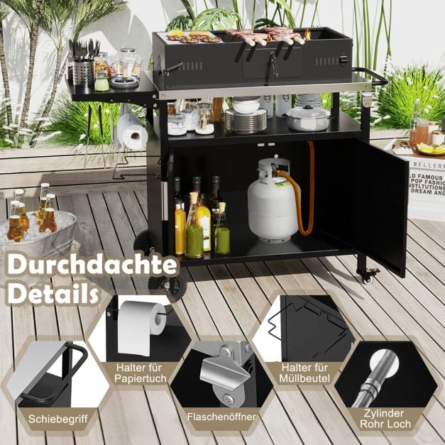 Coast Grillwagen mit Schrank - Edelstahlarbeitsplatte und klappbarer Beistelltisch 127 x 50 x 84 cm - Schwarz/Silber