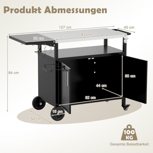 Coast Grillwagen mit Schrank - Edelstahlarbeitsplatte und klappbarer Beistelltisch 127 x 50 x 84 cm - Schwarz/Silber