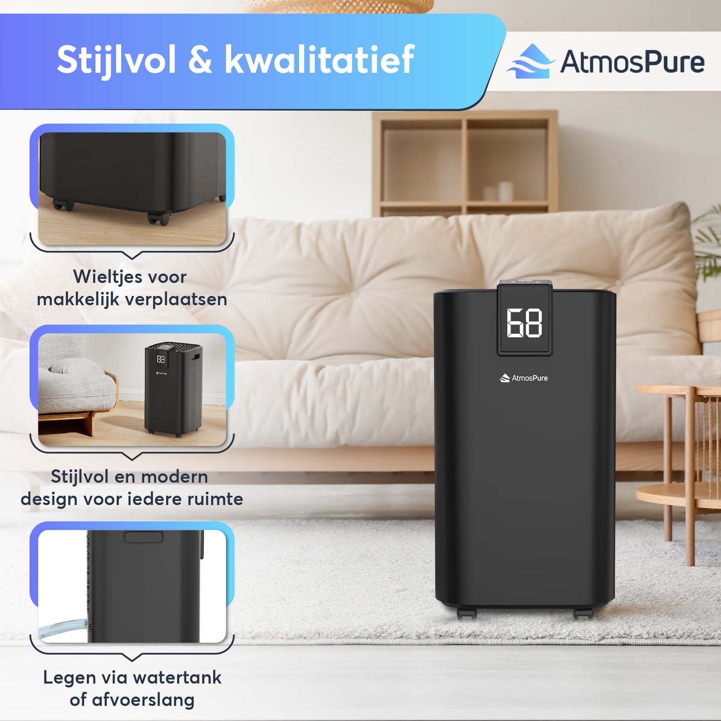 AtmosPure® Luftentfeuchter AirDry Elite - 12 L pro Tag - Waschtrockenfunktion - Für Waschküche, Bad, Wohnzimmer und Keller - Schwarz