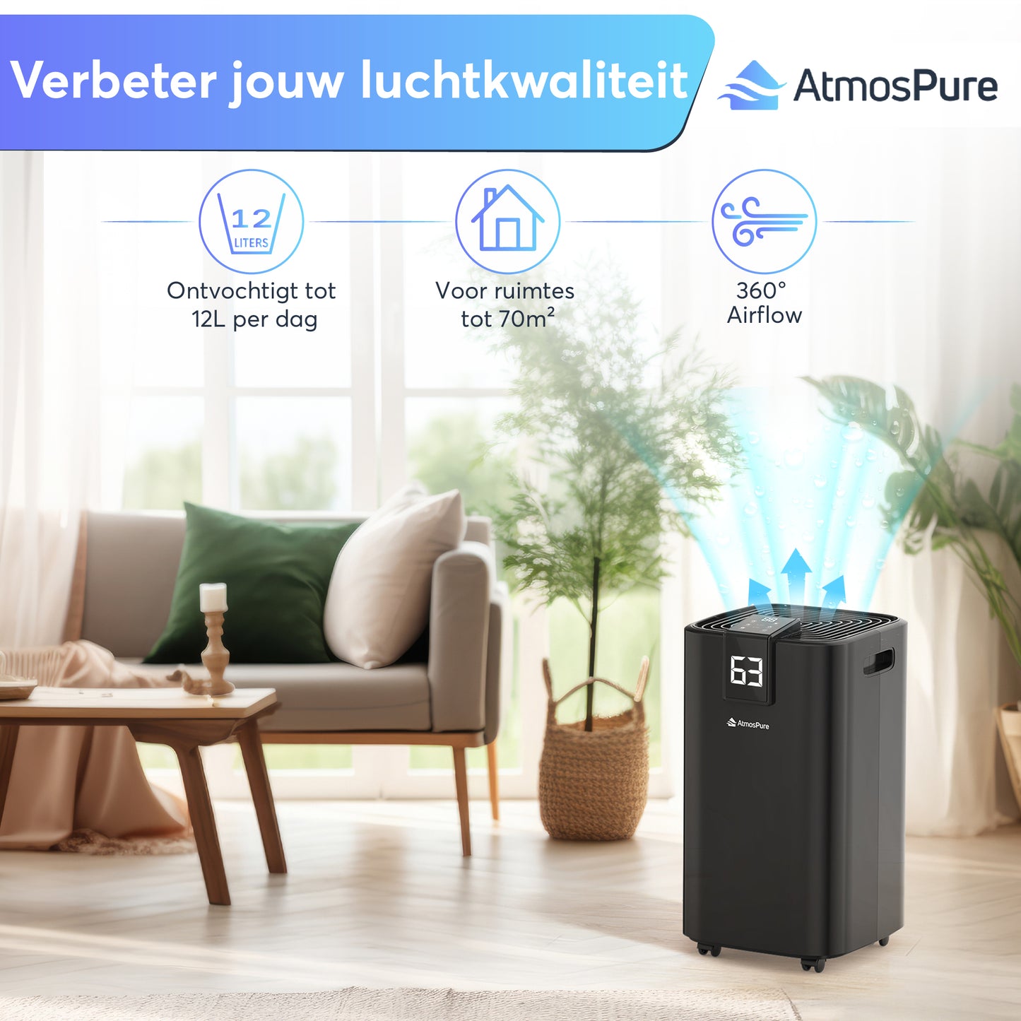 AtmosPure® Luftentfeuchter AirDry Elite - 12 L pro Tag - Waschtrockenfunktion - Für Waschküche, Bad, Wohnzimmer und Keller - Schwarz