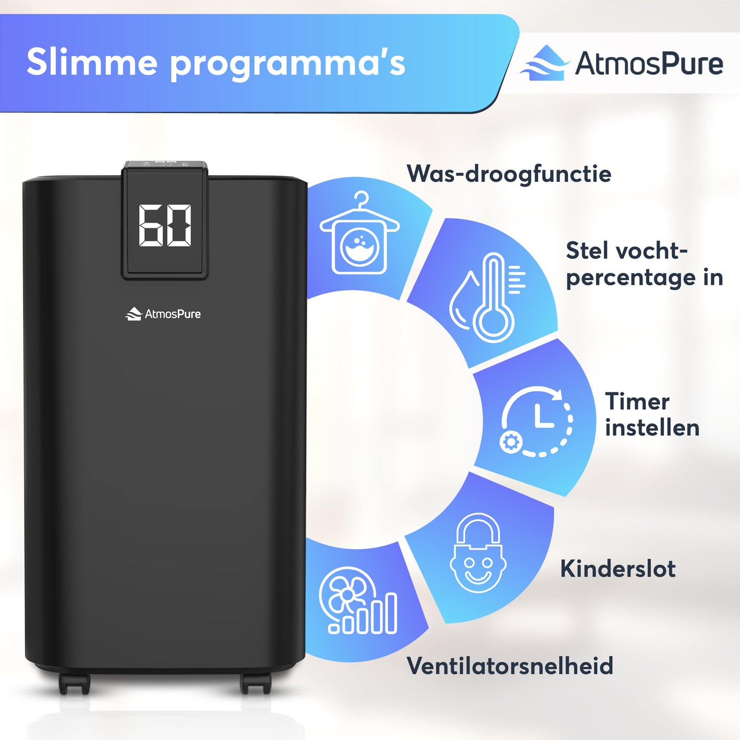 AtmosPure® Luftentfeuchter AirDry Elite - 12 L pro Tag - Waschtrockenfunktion - Für Waschküche, Bad, Wohnzimmer und Keller - Schwarz