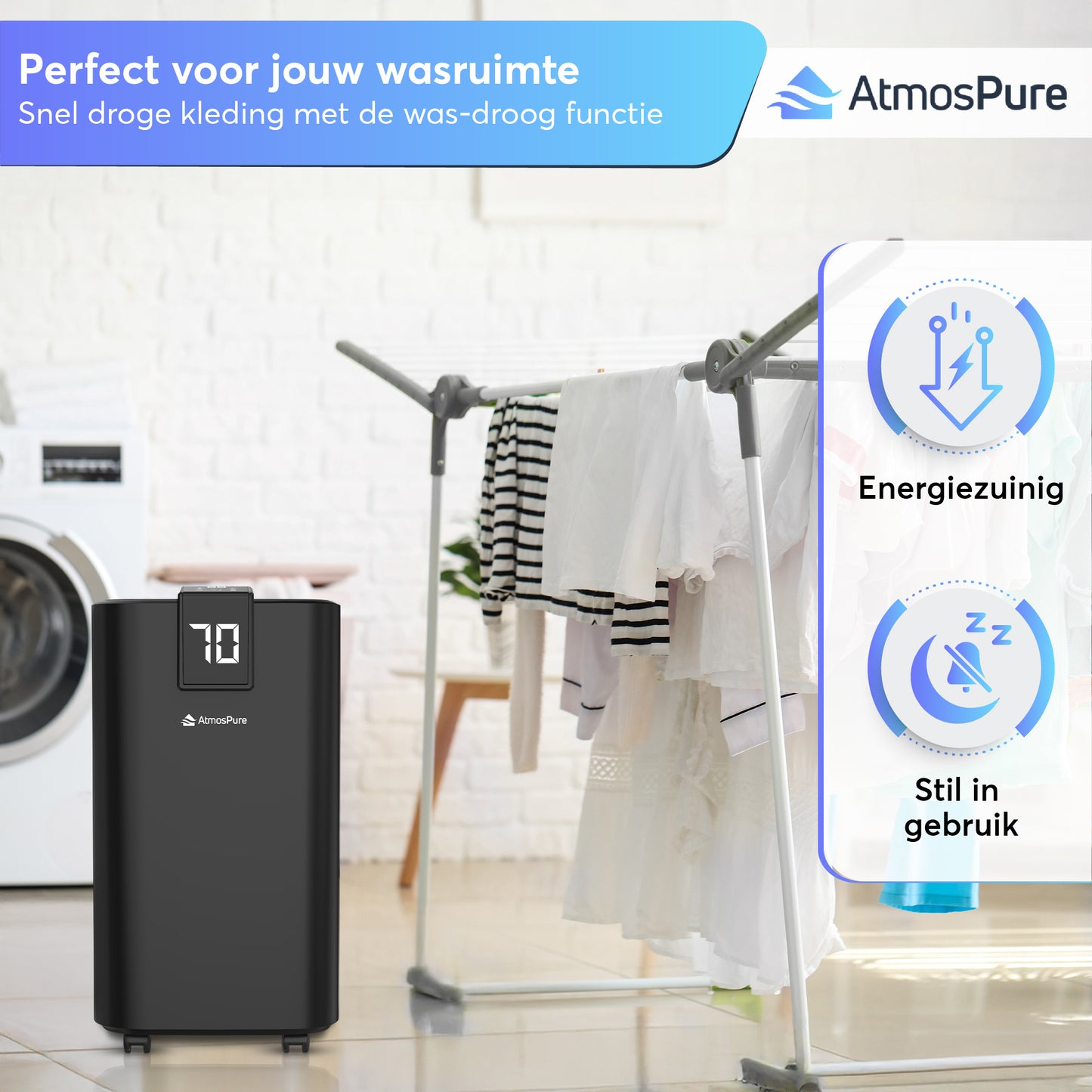 AtmosPure® Luftentfeuchter AirDry Elite - 12 L pro Tag - Waschtrockenfunktion - Für Waschküche, Bad, Wohnzimmer und Keller - Schwarz
