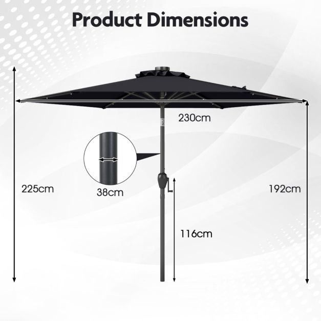 Coast Sunshade - Solarenergie - LED-Beleuchtung - Neigbar bis zu 35° - Kurbelmechanismus - Belüftetes Tuch - 230 cm - Schwarz
