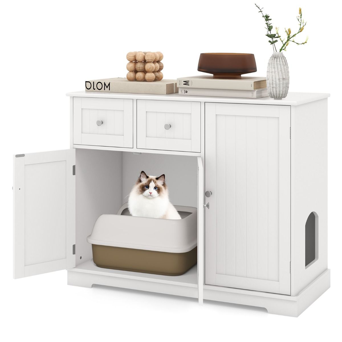 Coast Hidden Cat Cabinet - 100 x 45 x 80 cm - Aus Holz - Mit Stauraum und Schubladen - Weiß