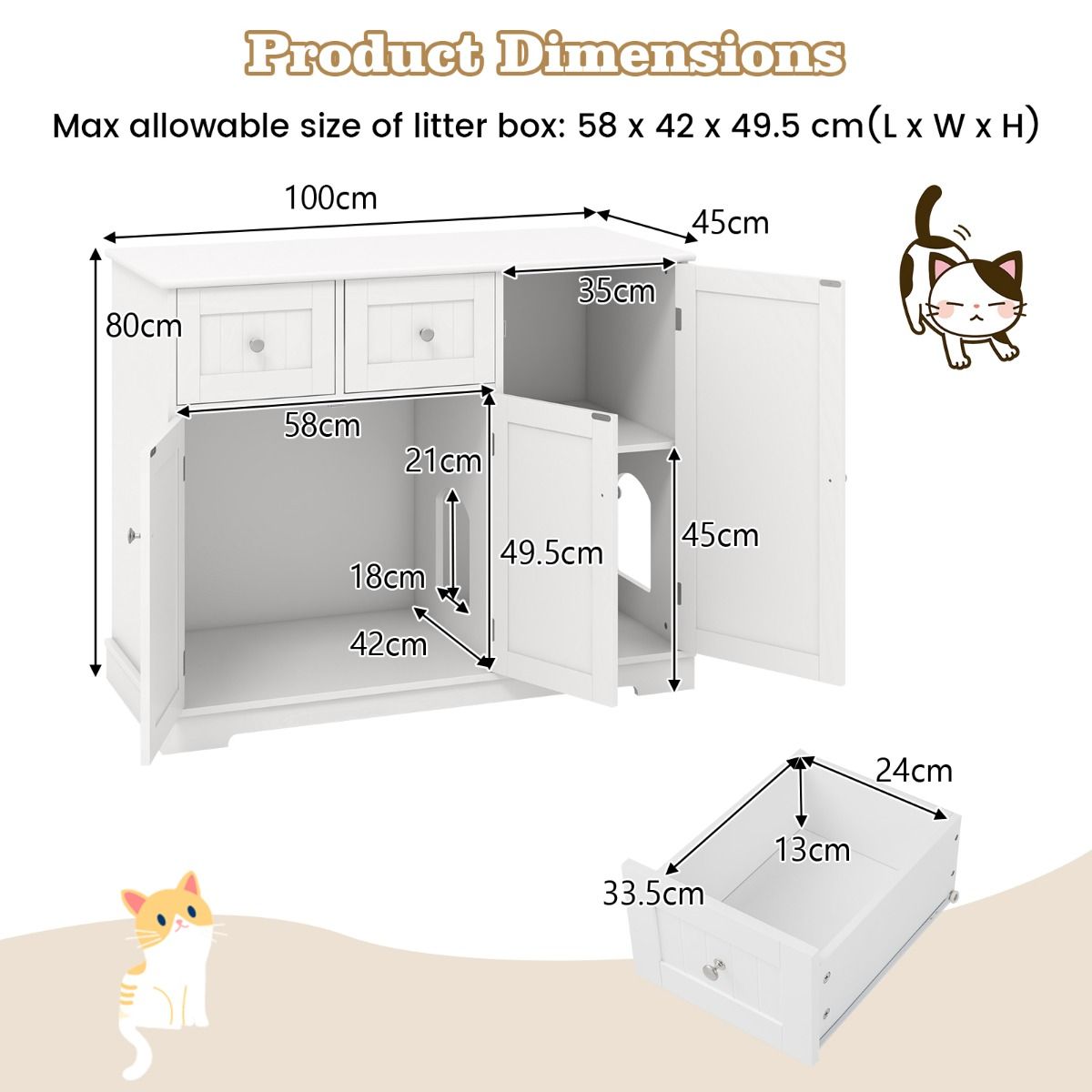 Coast Hidden Cat Cabinet - 100 x 45 x 80 cm - Aus Holz - Mit Stauraum und Schubladen - Weiß