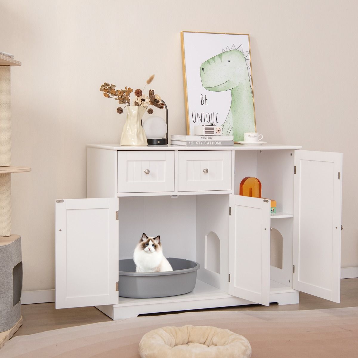 Coast Hidden Cat Cabinet - 100 x 45 x 80 cm - Aus Holz - Mit Stauraum und Schubladen - Weiß