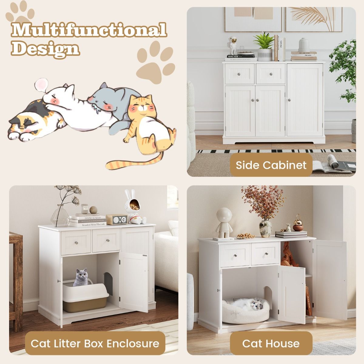 Coast Hidden Cat Cabinet - 100 x 45 x 80 cm - Aus Holz - Mit Stauraum und Schubladen - Weiß