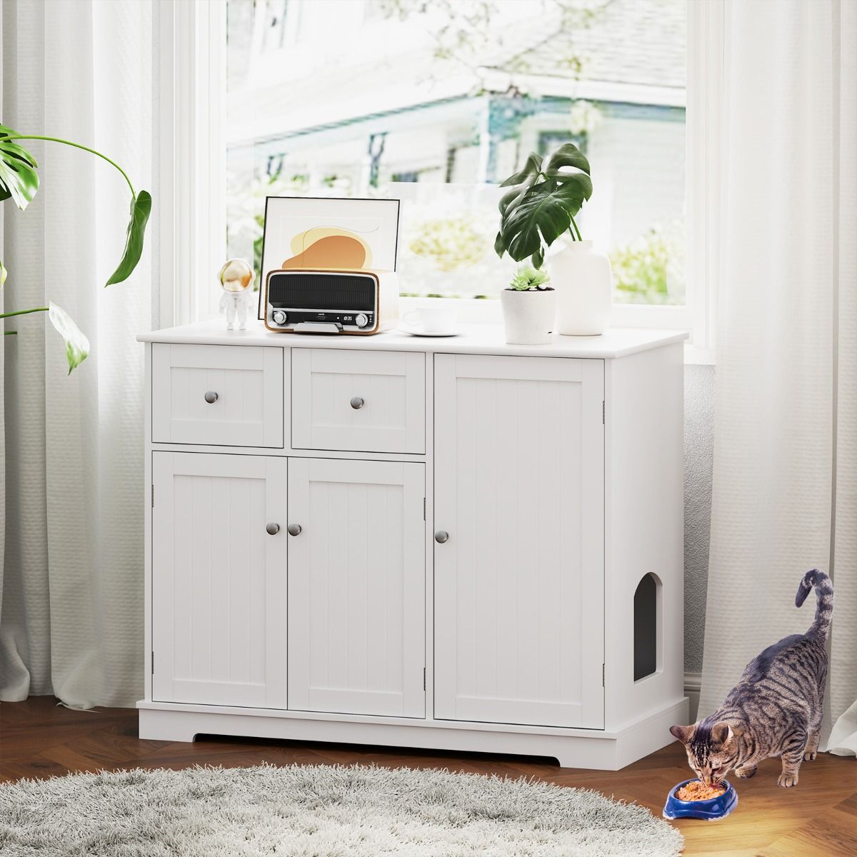 Coast Hidden Cat Cabinet - 100 x 45 x 80 cm - Aus Holz - Mit Stauraum und Schubladen - Weiß