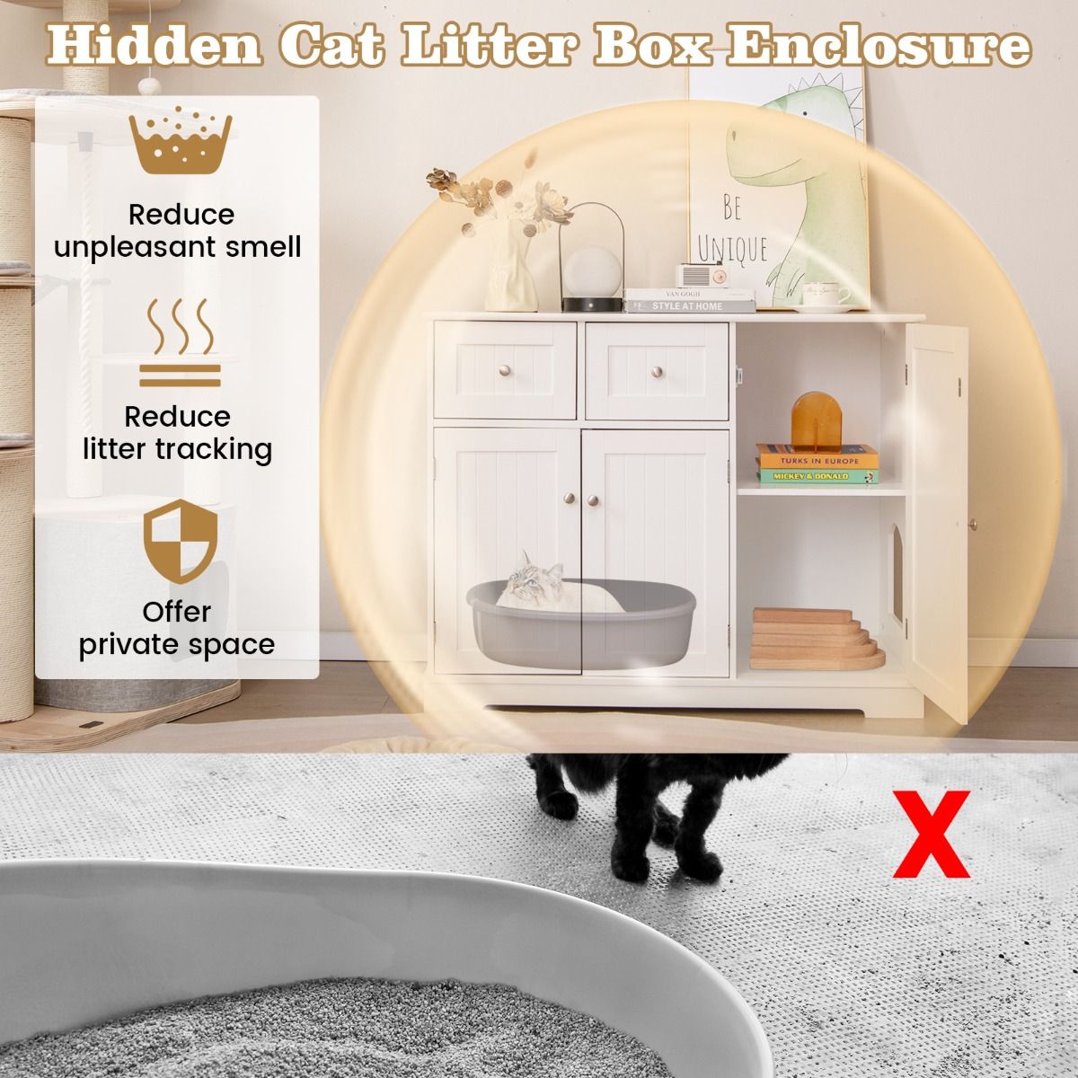 Coast Hidden Cat Cabinet - 100 x 45 x 80 cm - Aus Holz - Mit Stauraum und Schubladen - Weiß
