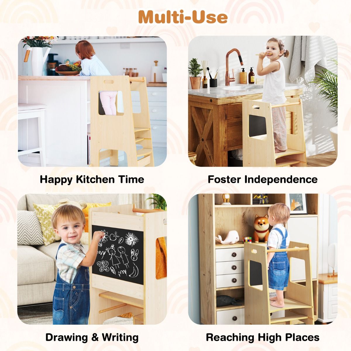 Coast Kitchen Steps für Kleinkinder - Kinderhocker aus Holz mit Activity Board - Verstellbar 30/40 cm - Sicherheitsschiene - Natur 60 x 49 x 91,5 cm