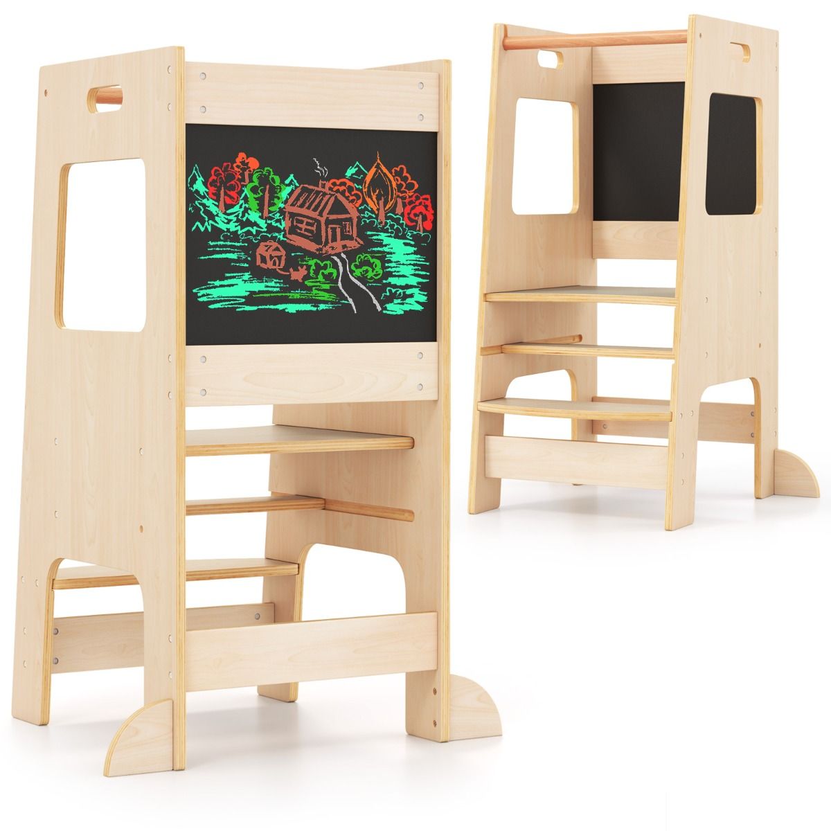 Coast Kitchen Steps für Kleinkinder - Kinderhocker aus Holz mit Activity Board - Verstellbar 30/40 cm - Sicherheitsschiene - Natur 60 x 49 x 91,5 cm