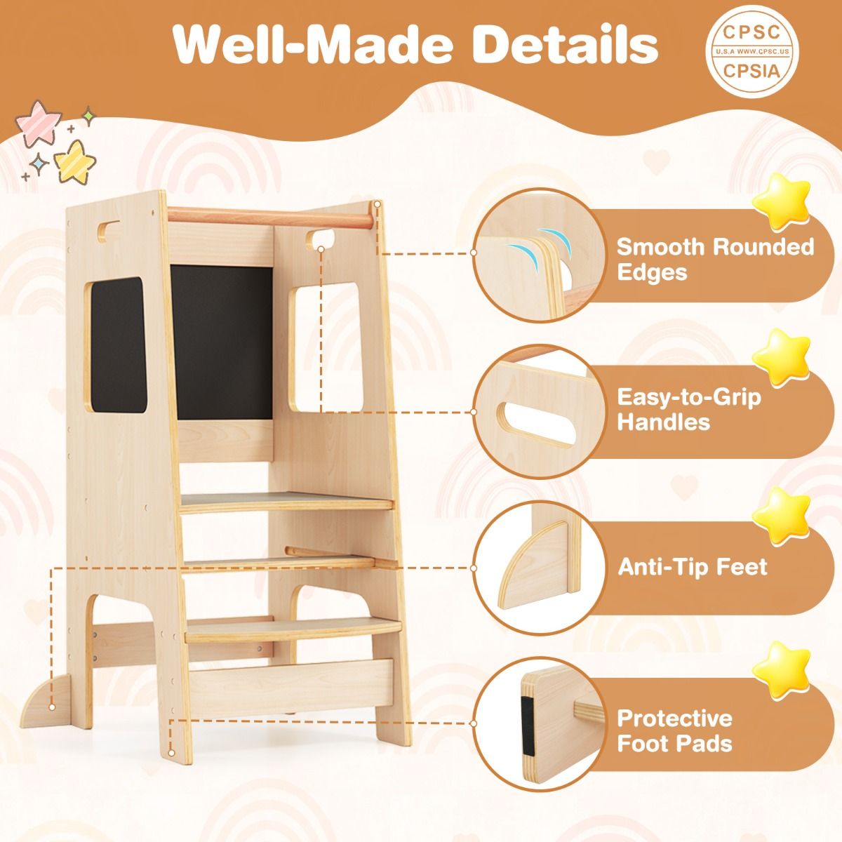 Coast Kitchen Steps für Kleinkinder - Kinderhocker aus Holz mit Activity Board - Verstellbar 30/40 cm - Sicherheitsschiene - Natur 60 x 49 x 91,5 cm