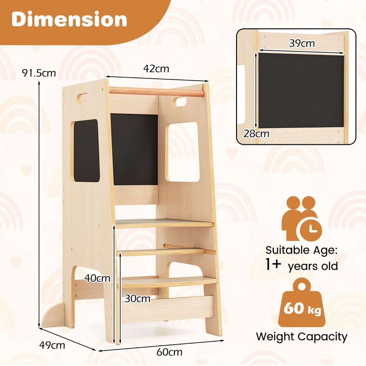 Coast Kitchen Steps für Kleinkinder - Kinderhocker aus Holz mit Activity Board - Verstellbar 30/40 cm - Sicherheitsschiene - Natur 60 x 49 x 91,5 cm