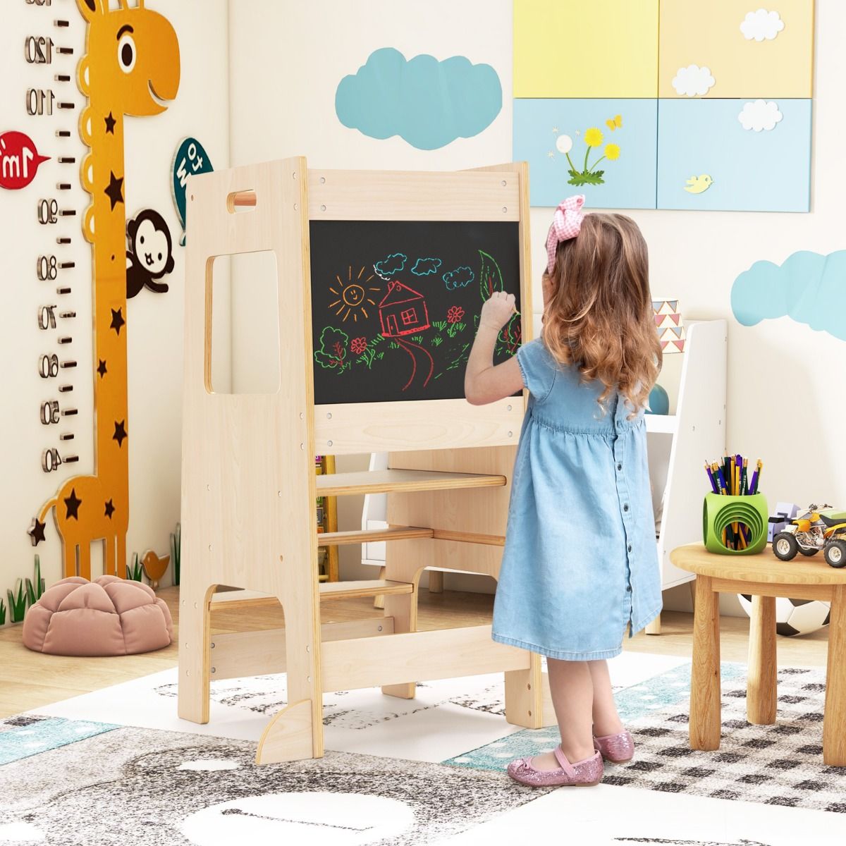 Coast Kitchen Steps für Kleinkinder - Kinderhocker aus Holz mit Activity Board - Verstellbar 30/40 cm - Sicherheitsschiene - Natur 60 x 49 x 91,5 cm