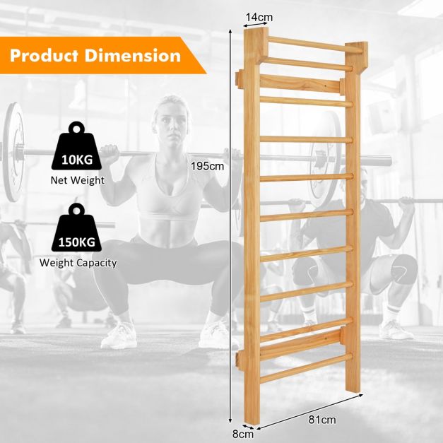 Coast Climbing Wall Natural - Gymnastikwand mit Reckstange - 81 x 14 x 195 cm - 150 kg Belastbarkeit