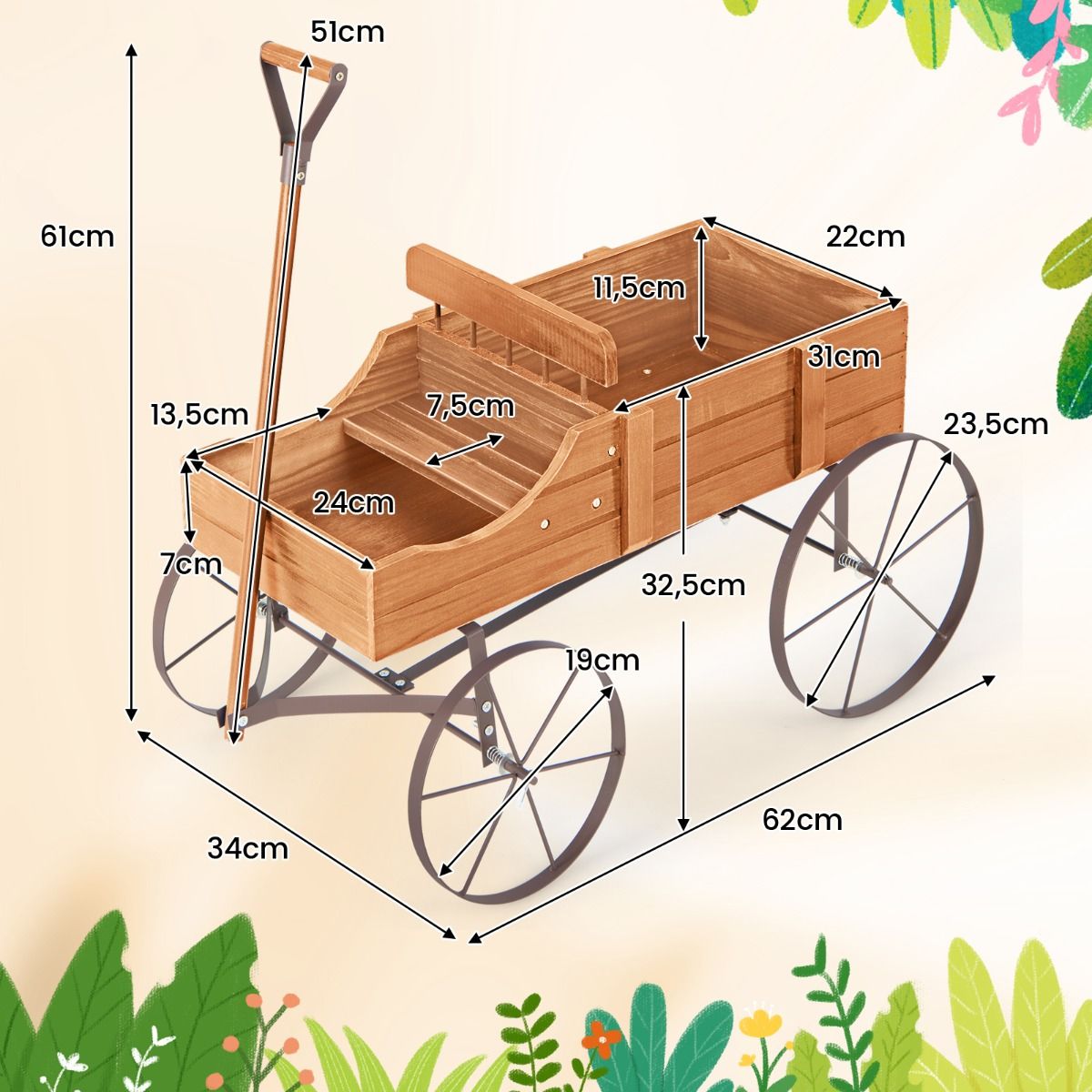 Coast Holz-Pflanzenwagen mit 2 Sektionen und Rädern - 62x34x61 cm - Orange