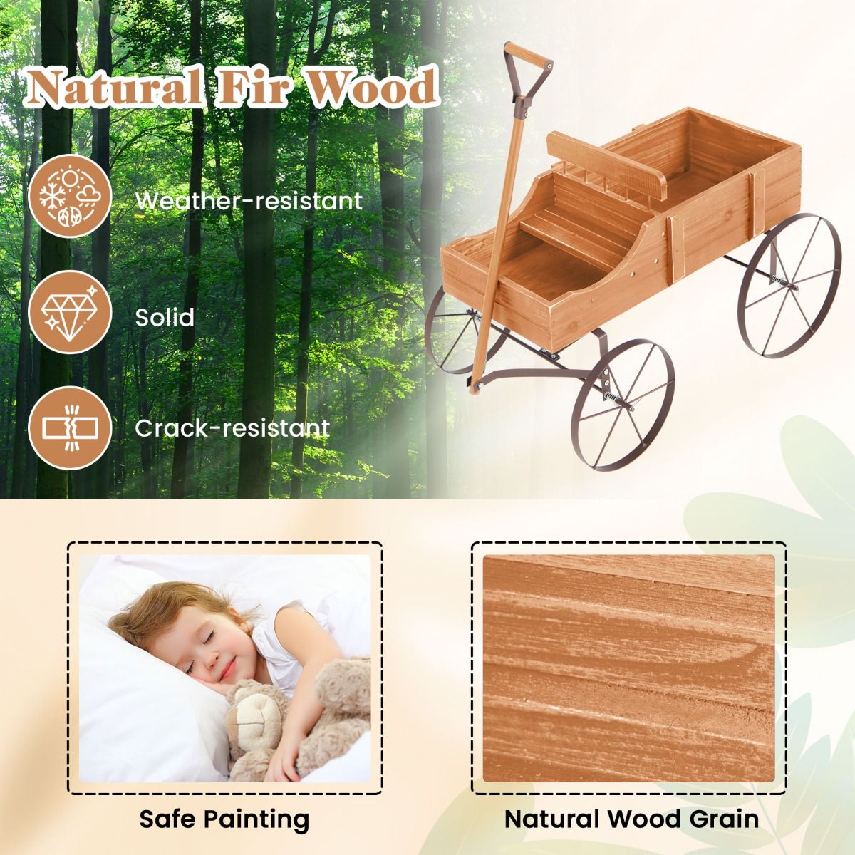 Coast Holz-Pflanzenwagen mit 2 Sektionen und Rädern - 62x34x61 cm - Orange