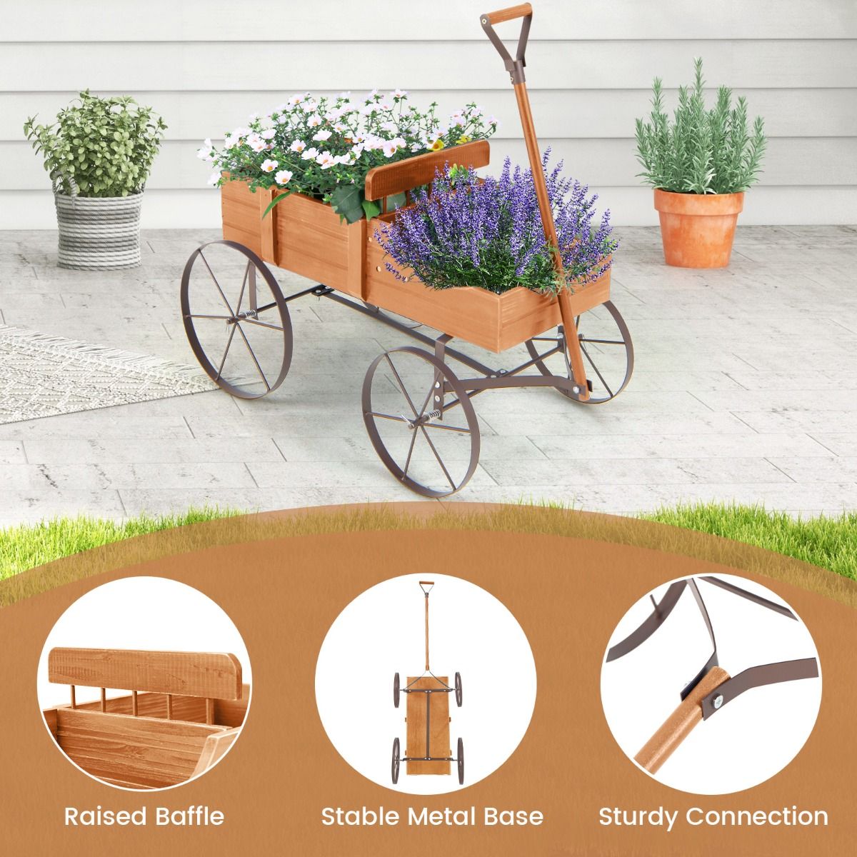 Coast Holz-Pflanzenwagen mit 2 Sektionen und Rädern - 62x34x61 cm - Orange