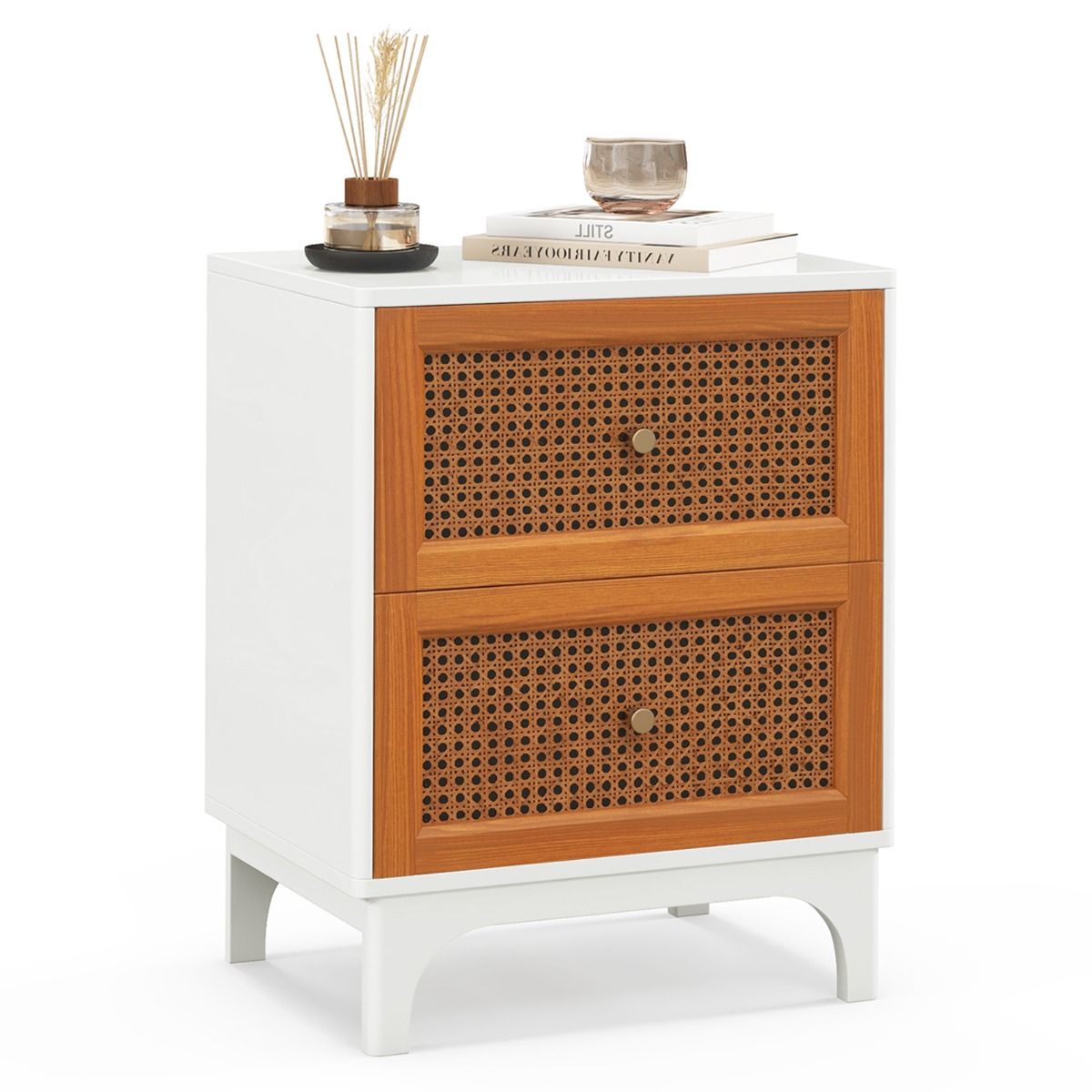 Coast Rattan Nachttisch Boho Weiß & Braun 46x33x59,5 cm mit 2 handgeflochtenen Schubladen