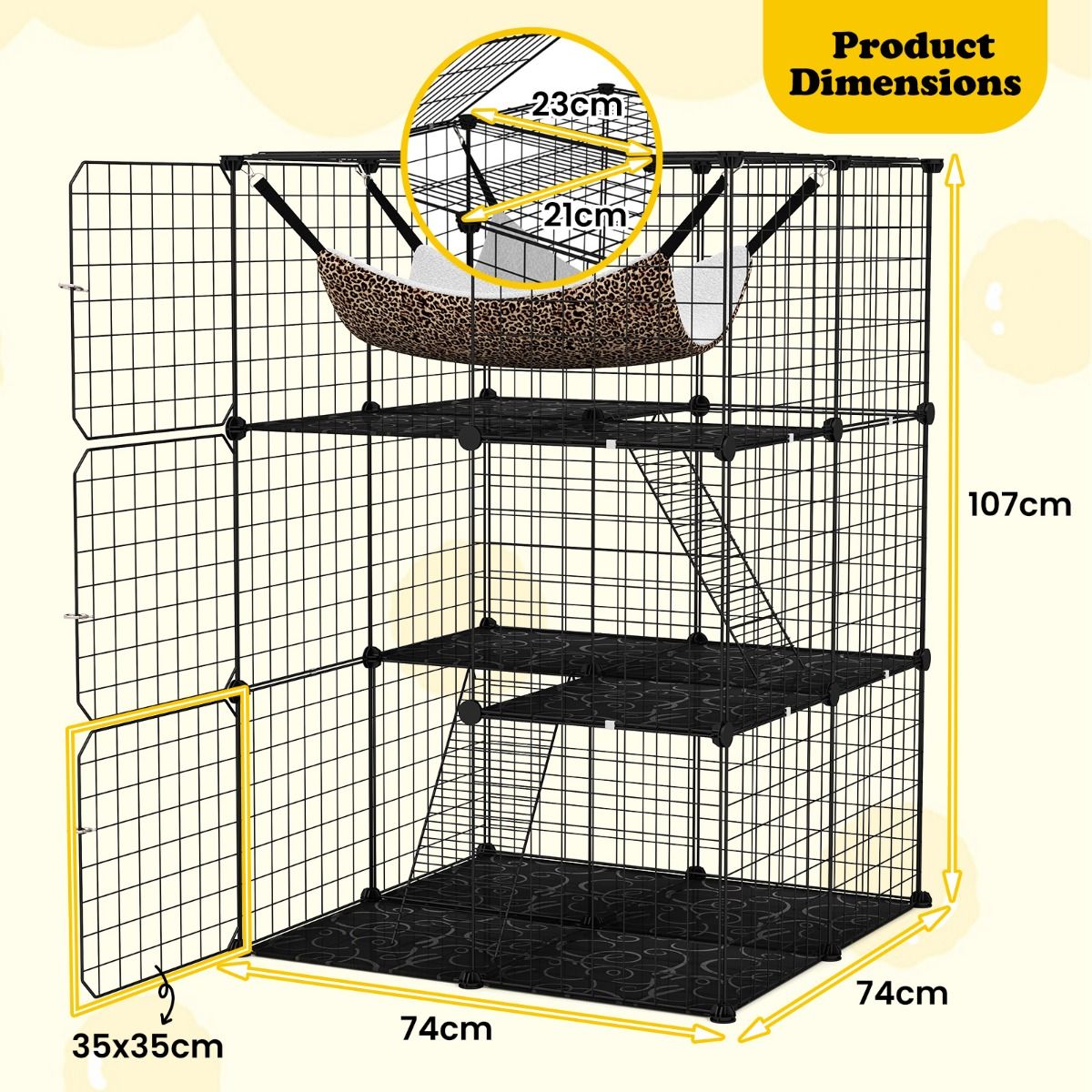 Coast Cat Run 107 cm hoch - 3 Etagen - mit Hängematte, Leitern und Regalen - Schwarz - 74 x 74 x 107 cm