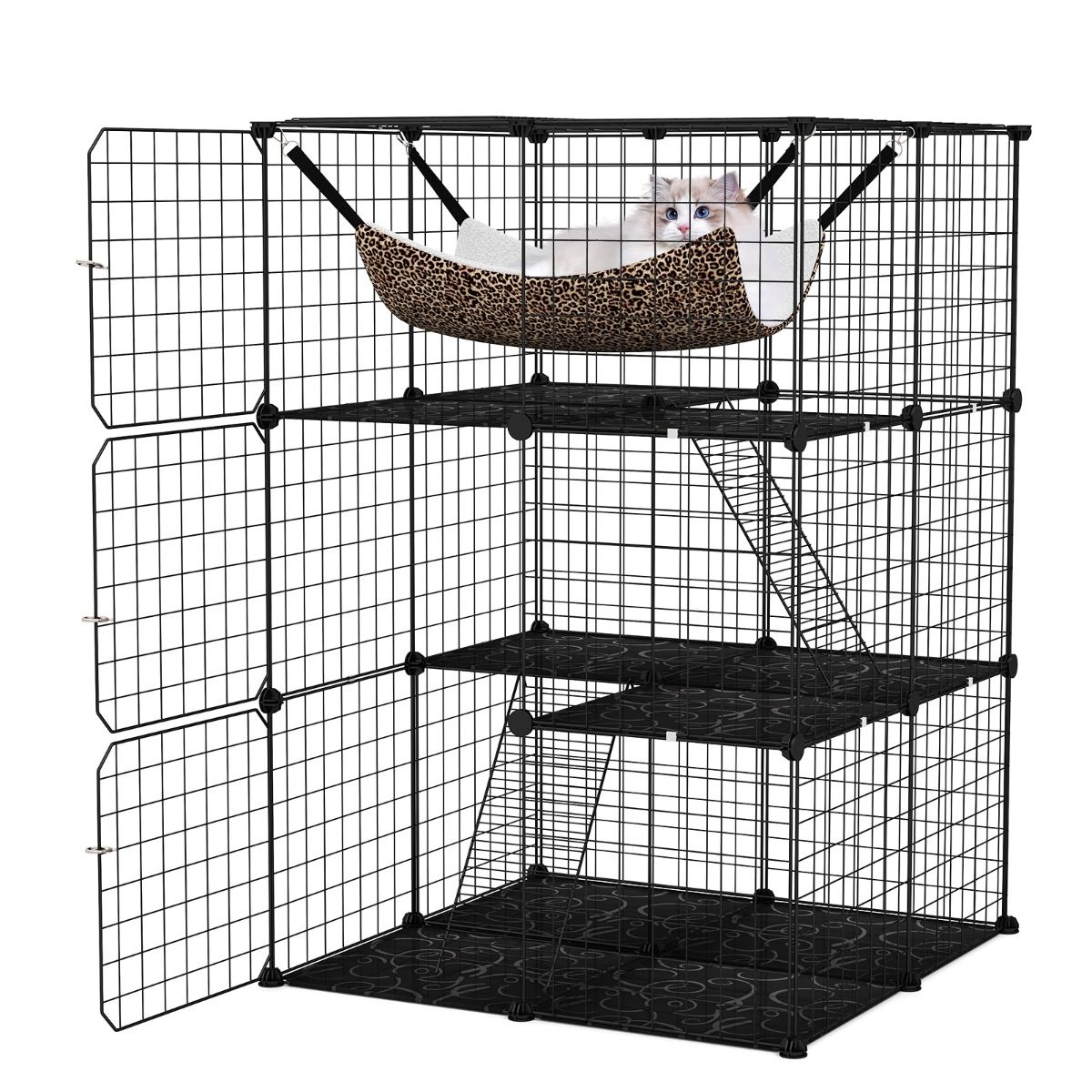 Coast Cat Run 107 cm hoch - 3 Etagen - mit Hängematte, Leitern und Regalen - Schwarz - 74 x 74 x 107 cm