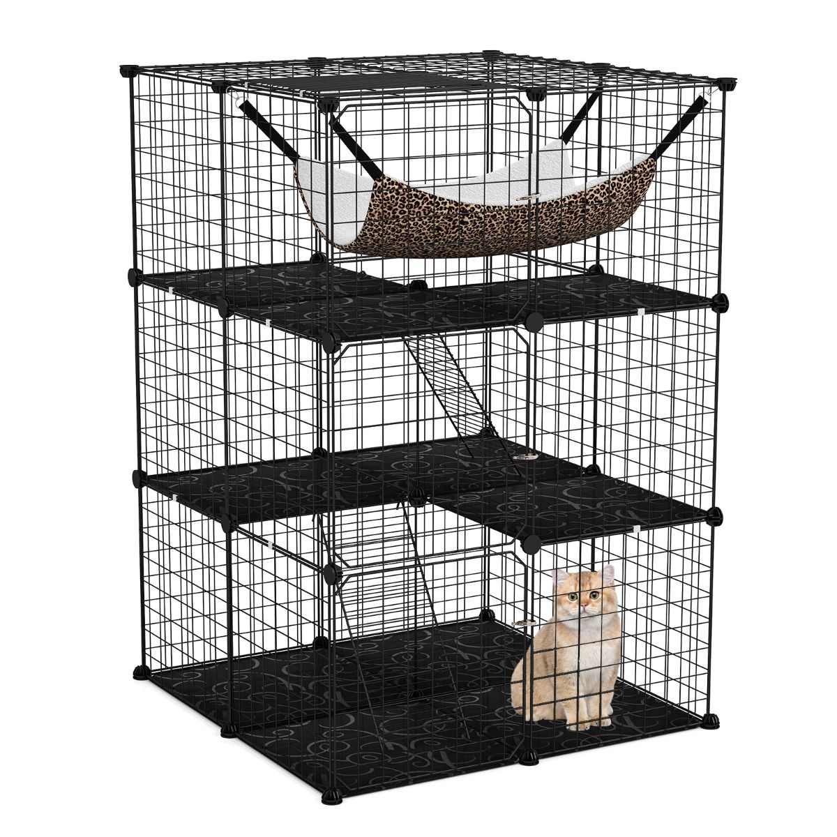 Coast Cat Run 107 cm hoch - 3 Etagen - mit Hängematte, Leitern und Regalen - Schwarz - 74 x 74 x 107 cm