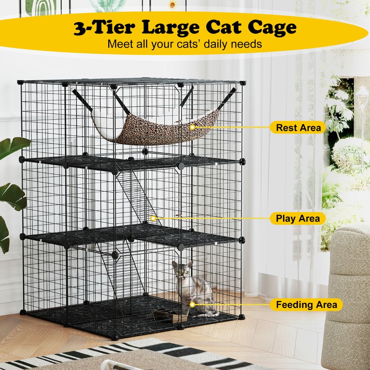 Coast Cat Run 107 cm hoch - 3 Etagen - mit Hängematte, Leitern und Regalen - Schwarz - 74 x 74 x 107 cm
